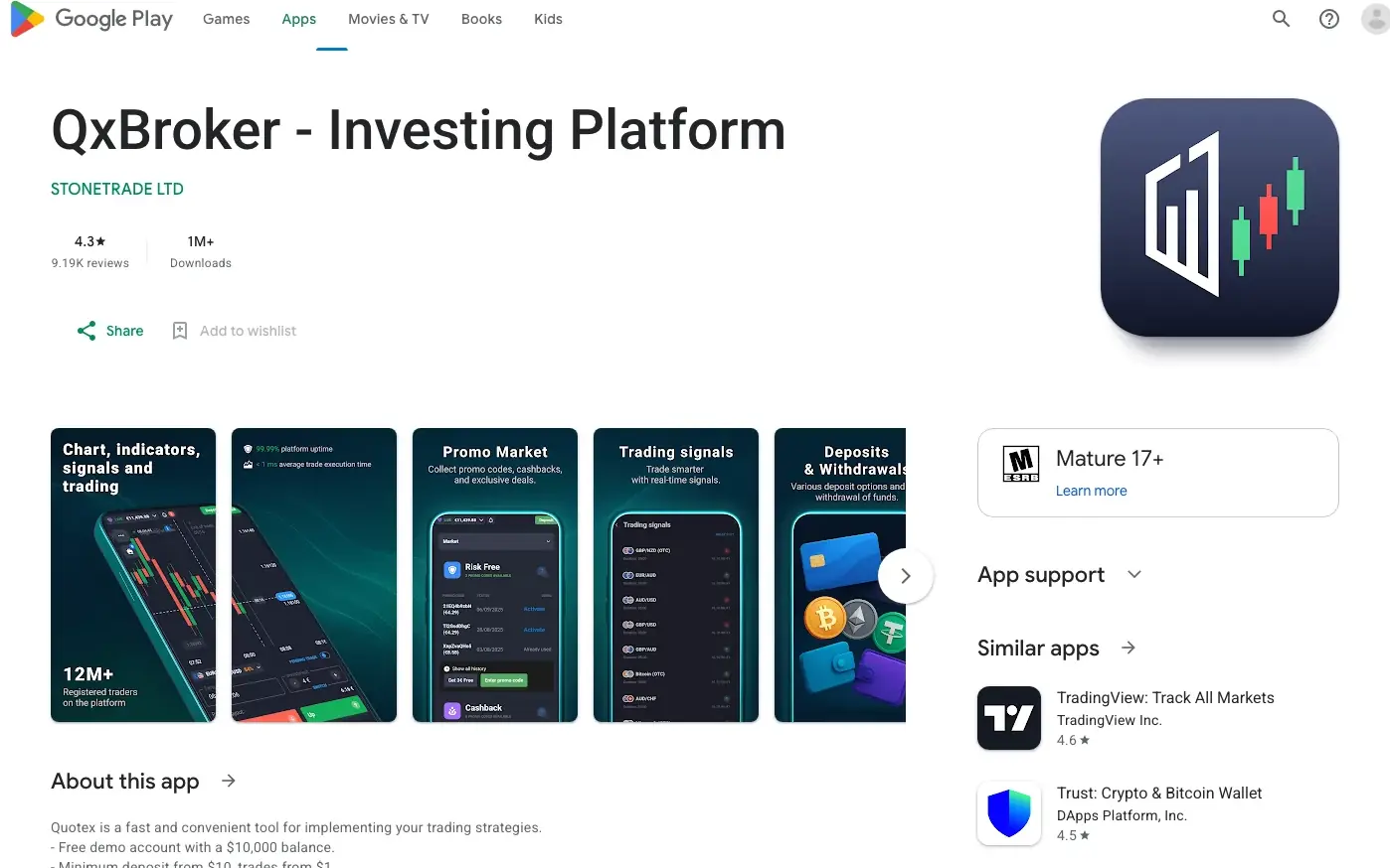 QxBroker app on Google Play showing 4.3 star rating, 1 million plus downloads, and STONETRADE LTD developer name